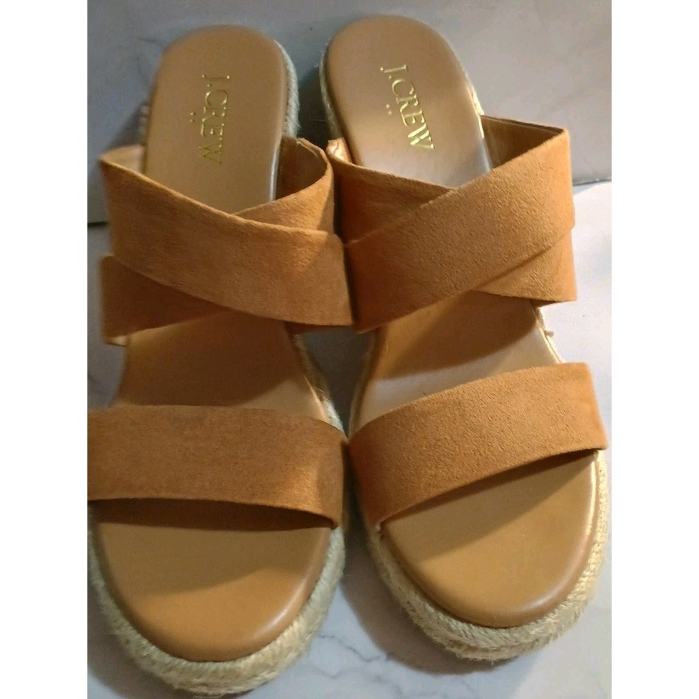 J. Crew Cognac Suede Double Strappy Wedge Sandals Size 6.5 BQ431